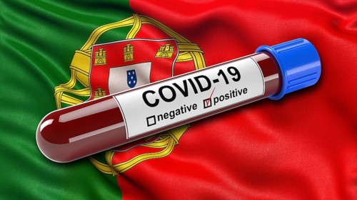Flag of Portugal waving in the wind with a positive Covid-19 blood test tube. 3D illustration