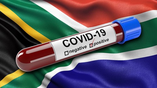 Flag of South Africa waving in the wind with a positive Covid-19 blood test tube. 3D illustration