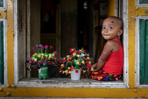 Child looks out of the window of a house decorated with plastic flowers