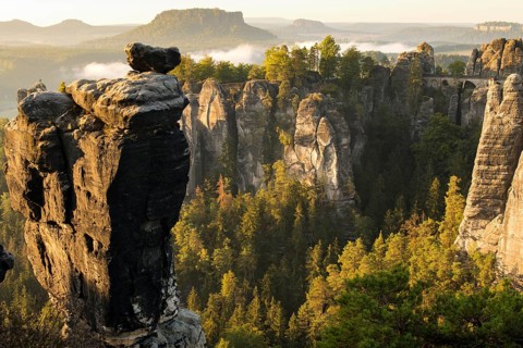 View of the Bastei with Wehlnadel and Wehlgrund to the Lilienstein at sunrise