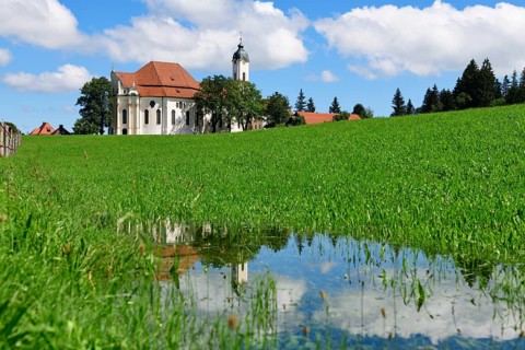 Wieskirche reflected in a puddle
