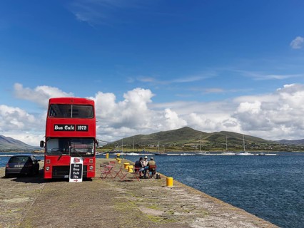 Cafe in a red double-decker bus