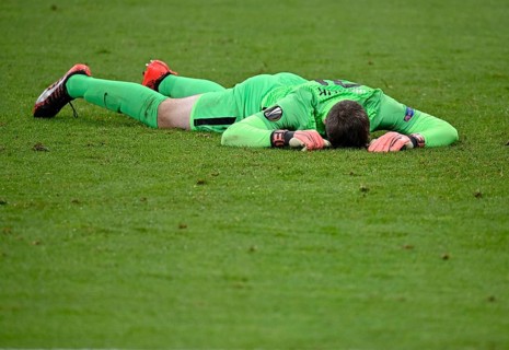 Goalkeeper Lukas Hasalik FC Slovan Liberec disappointed on the ground