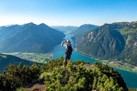 Hiker looks into the distance