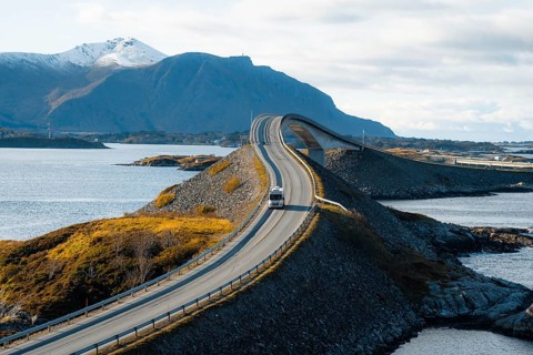 Campervan on the island connecting road Atlantic Ocean Road