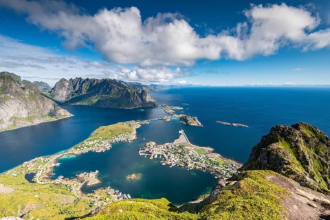 View from the mountain Reinebringen to fishing village Reine