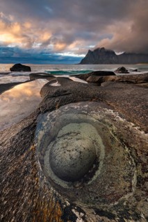 Rocks on the beach of Uttakleiv at evening light