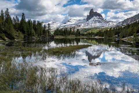 Monte Pelmo reflected in the mountain lake Lago Federa
