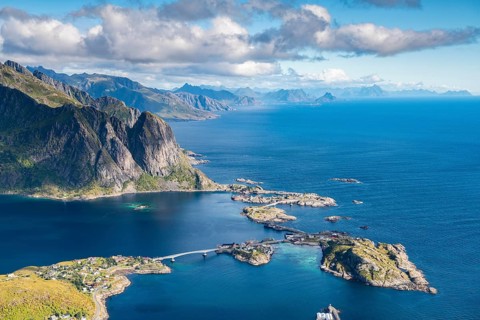View from Reinebringen mountain to the fishing village Hamnoy