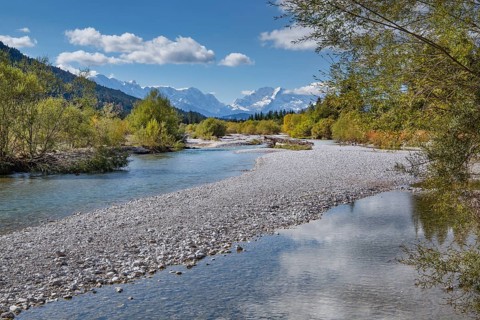 Autumn landscape in the Isar valley with Wetterstein range