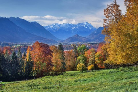 Autumn landscape above the Murnauer moss with Zugspitze group near Hagen