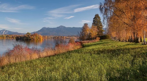 Autumn landscape at Staffelsee with Muehlwoerth Island
