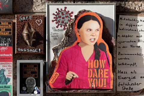 Art collage with portrait of Greta Thunberg