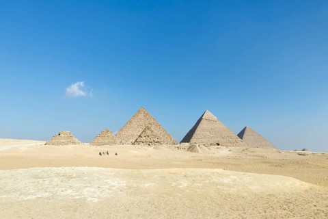 The three main pyramids with the three queen's pyramids in the foreground