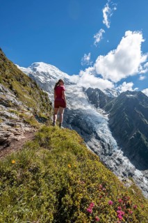 Hiker looking at mountain landscape