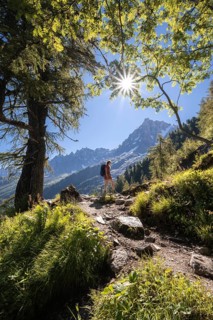 Hiker on trail through the forest to La Jonction