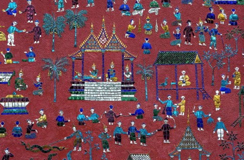 Glass mosaic with scenes from the parable of Siaosawat