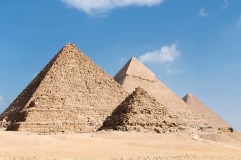 The three main pyramids with two of the three queen's pyramids in the foreground