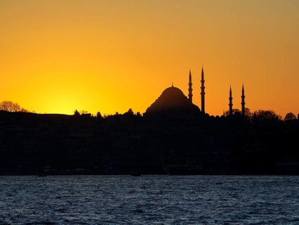 Silhouette of a mosque on the Bosporus at sunset