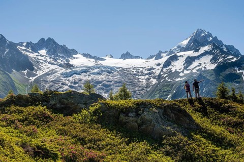 Hikers look at mountain panorama from Aiguillette des Posettes
