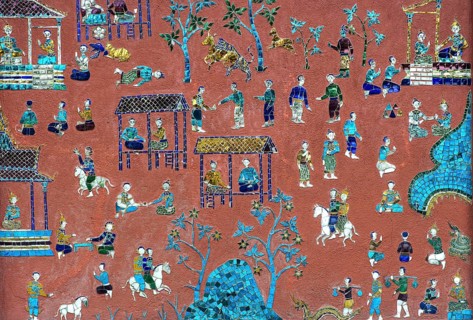 Glass mosaic with scenes from the parable of Siaosawat