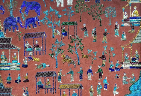 Glass mosaic with scenes from the parable of Siaosawat