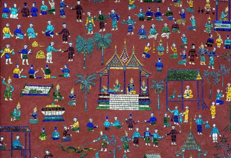 Glass mosaic with scenes from the parable of Siaosawat