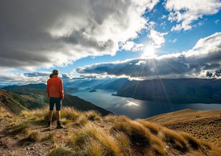 Hiker looks into the distance
