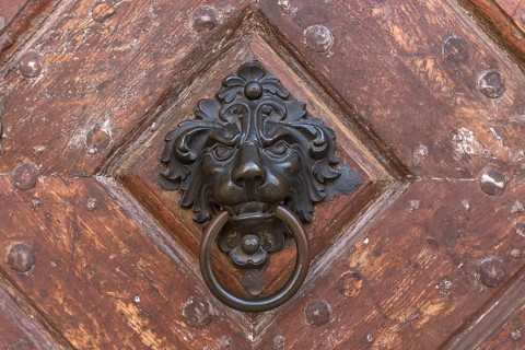 Brass lion head as a door knocker on a historical entrance gate