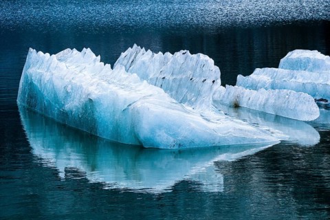 Drifting glacier ice in glacial lake