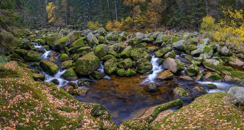 Autumn at the Vydra with huge boulders in the riverbed