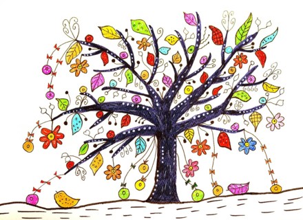 Painted tree with colorful leaves and flowers
