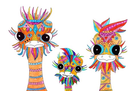Three painted ostriches