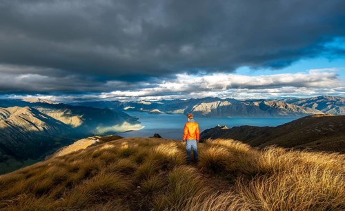 Hiker looks into the distance