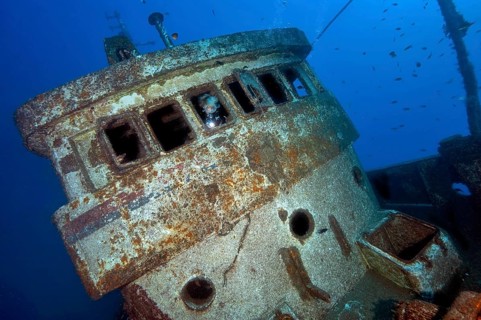 Diver looking through window of ship bridge into shipwreck