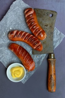 Meat sausages and skin with mustard