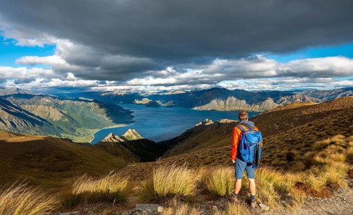 Hiker looks into the distance