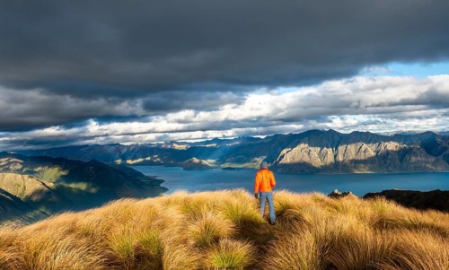 Hiker looks into the distance