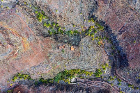 Palm trees and ruins in whimsically eroded gorge