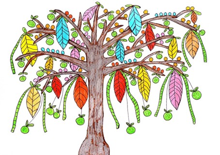 Painted tree with colorful leaves and apples