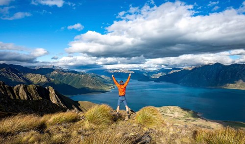 Hiker takes a leap in the air