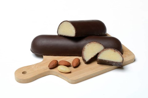 Marzipan loaves with chocolate coating