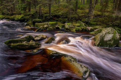 Autumn at the Vydra with huge boulders in the riverbed