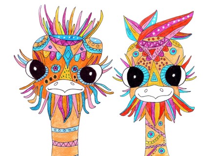 Two painted ostriches