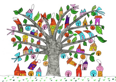Painted tree with small houses as leaves