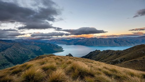 View of Lake Hawea at sunset
