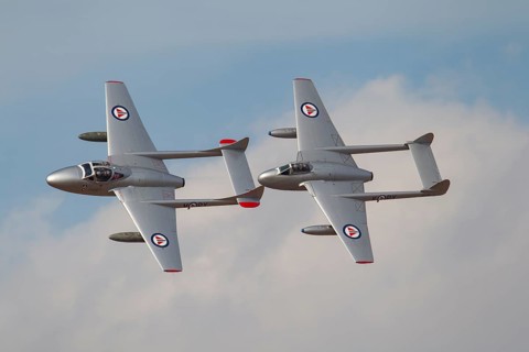De Havilland Vampire two aircraft in flight in Royal Norwegian air force markings