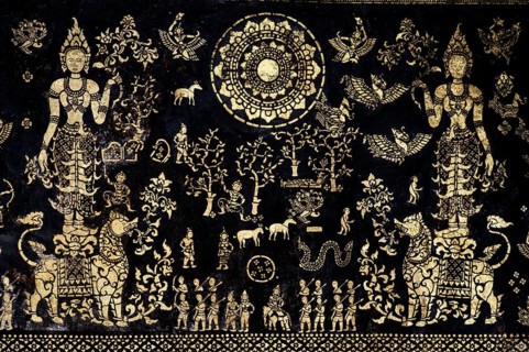 Exterior wall of the Sim prayer hall with gilded images of Apsaras