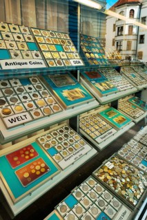 Showcase with different coin collections