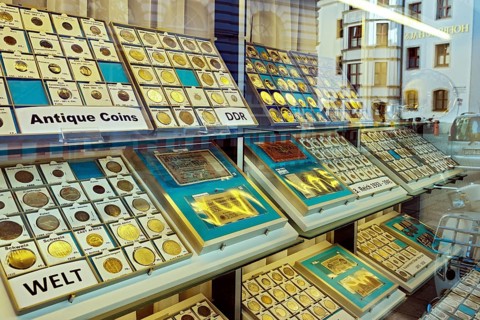 Showcase with different coin collections